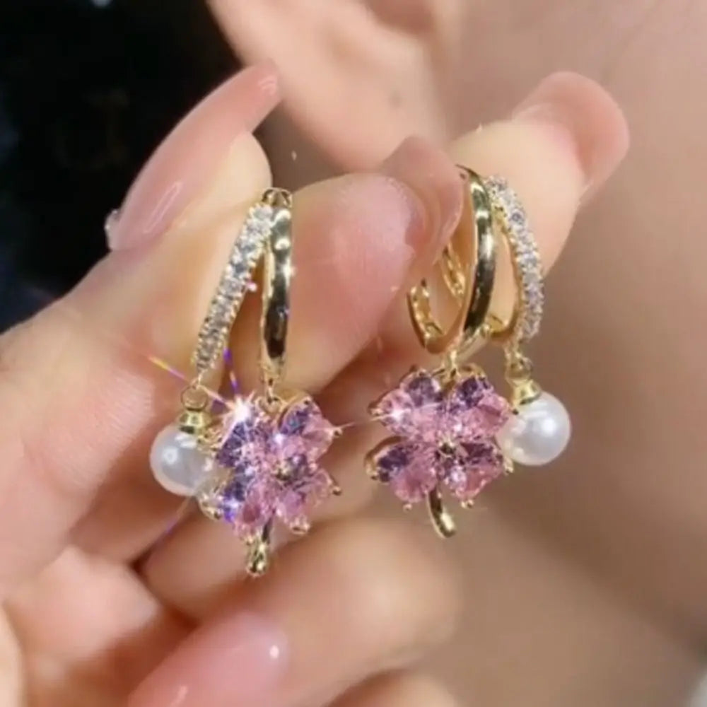 Germanium Earrings Lymphatic Magnetotherapy for Weight Loss Purple Crystal Four-Leaf Flower Pearl New Light Luxury Ear Accessor