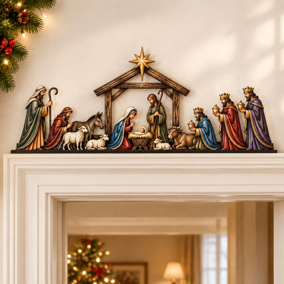 Colorful Nativity scene door topper above a white doorway at Christmas