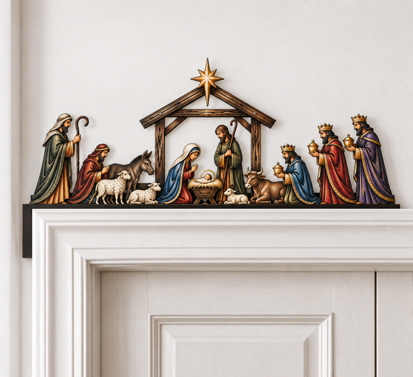 Nativity topper positioned along the top edge of white door trim