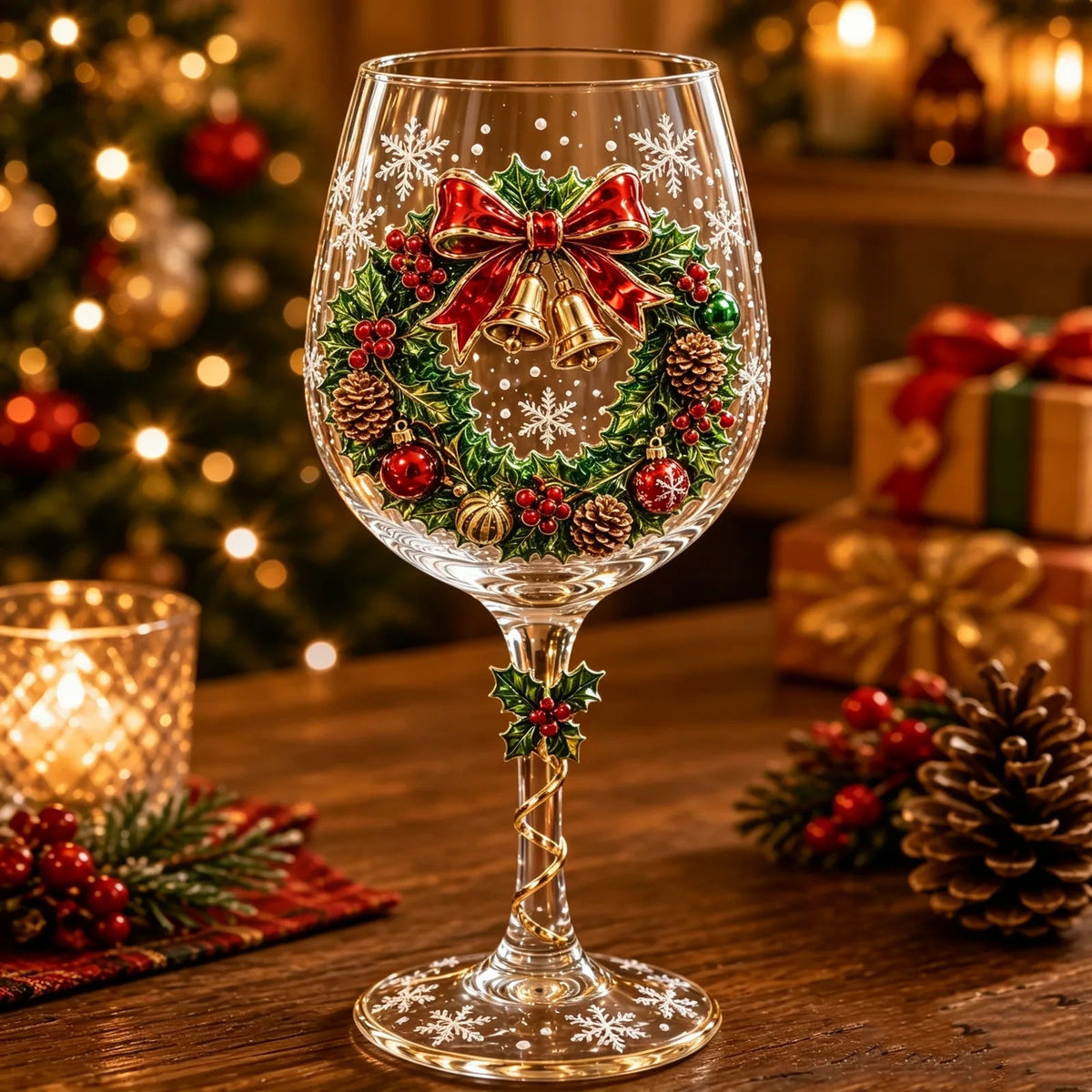 Christmas wreath wine glass with raised holiday motif