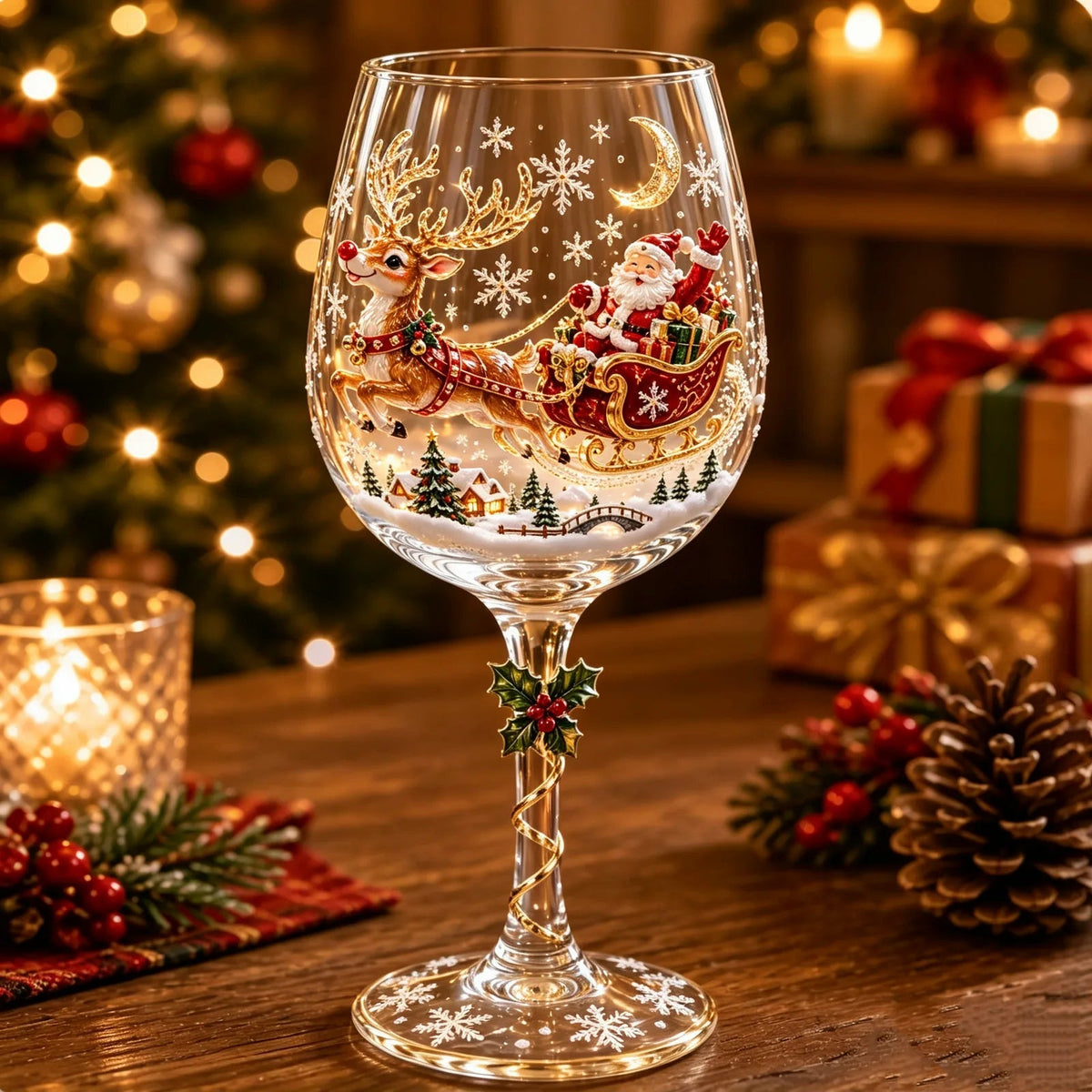 Reindeer and sleigh Christmas wine glass