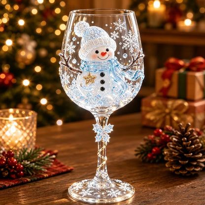 Snowman Christmas wine glass with raised holiday motif