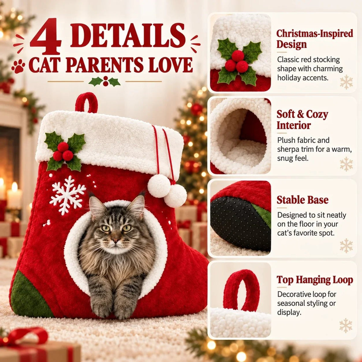 Christmas Stocking Shaped Plush Cat Bed Cave
