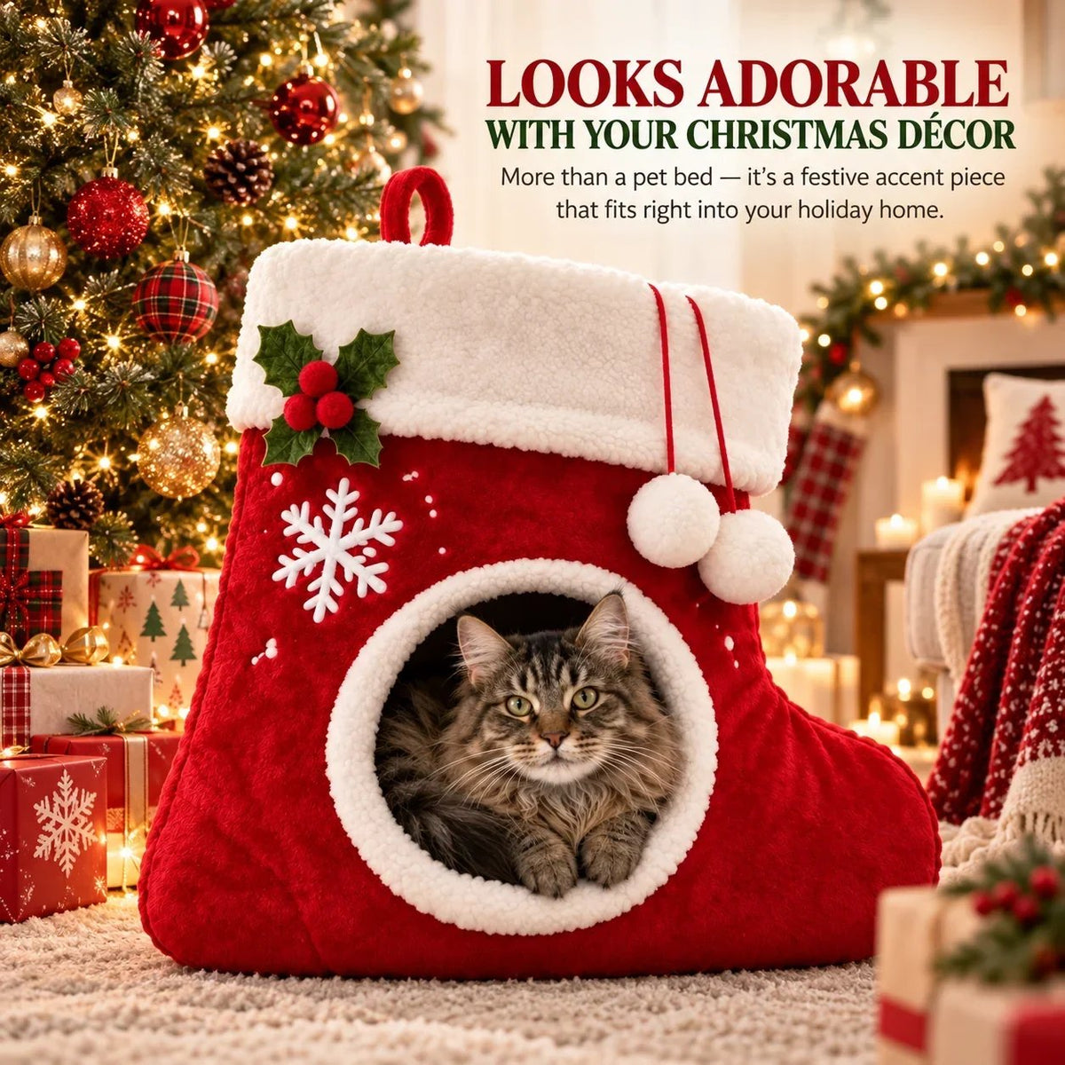 Cat bed beside a Christmas tree