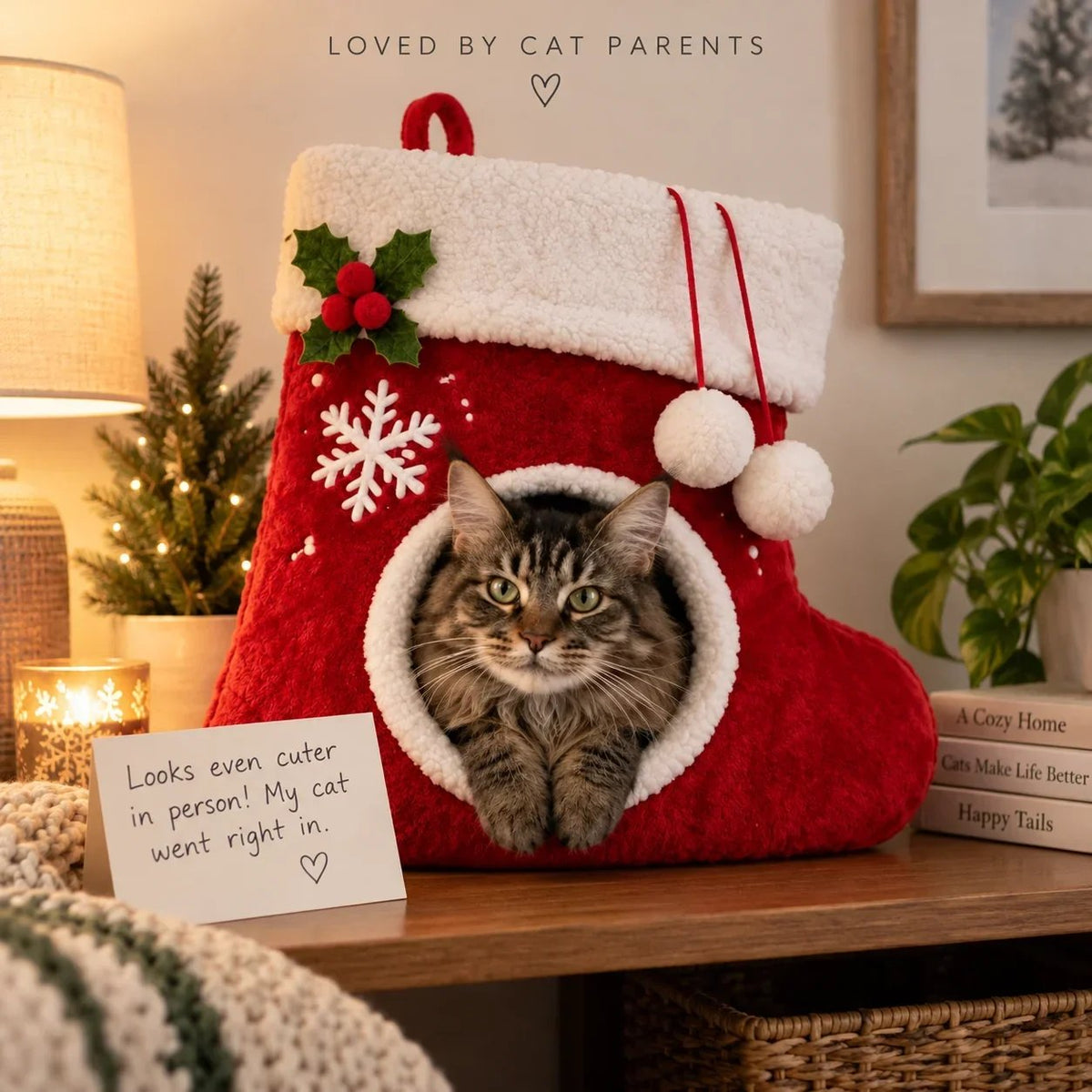 Christmas stocking cat bed on a shelf