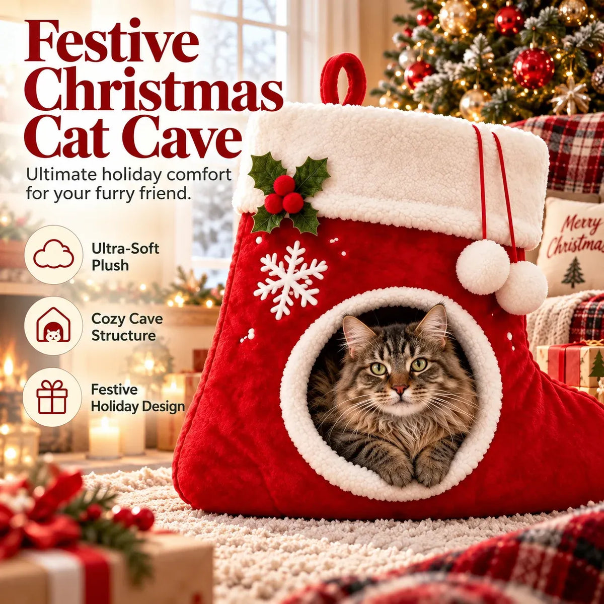 Red plush Christmas stocking cat cave