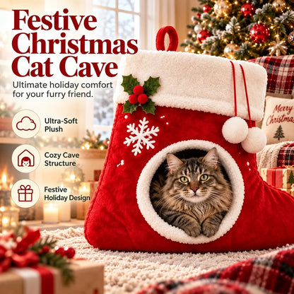 Red plush Christmas stocking cat cave