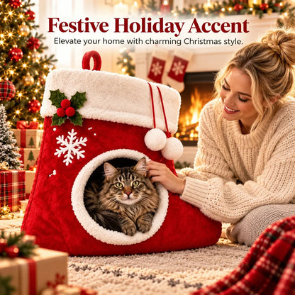 Woman and cat beside Christmas stocking bed