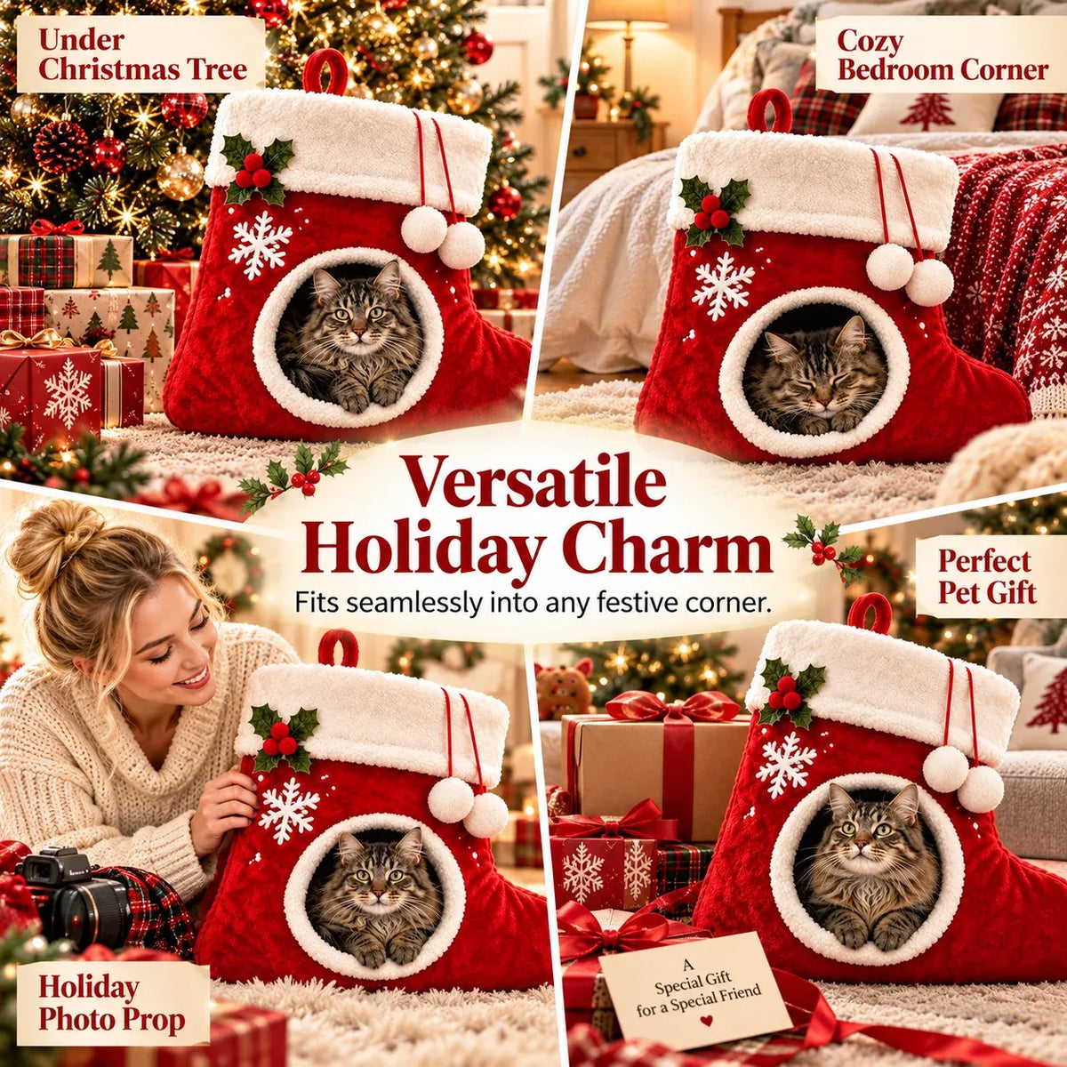 Christmas Stocking Shaped Plush Cat Bed Cave
