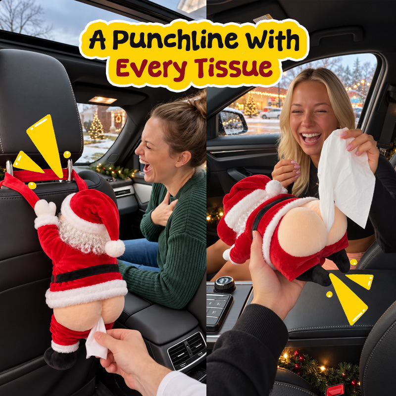 Person pulling a tissue from the Santa holder