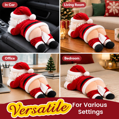 Santa tissue holder shown in several holiday settings