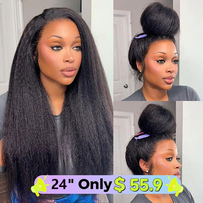 🔥Pre-Cut Lace Kinky Straight 360 Full Lace Frontal Glueless Wig With Invisi Drawstring Pre Plucked Human Hair Wig