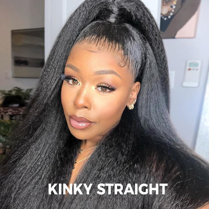 🔥Pre-Cut Lace Kinky Straight 360 Full Lace Frontal Glueless Wig With Invisi Drawstring Pre Plucked Human Hair Wig