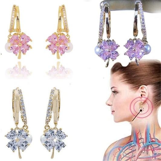 Germanium Earrings Lymphatic Magnetotherapy for Weight Loss Purple Crystal Four-Leaf Flower Pearl New Light Luxury Ear Accessor