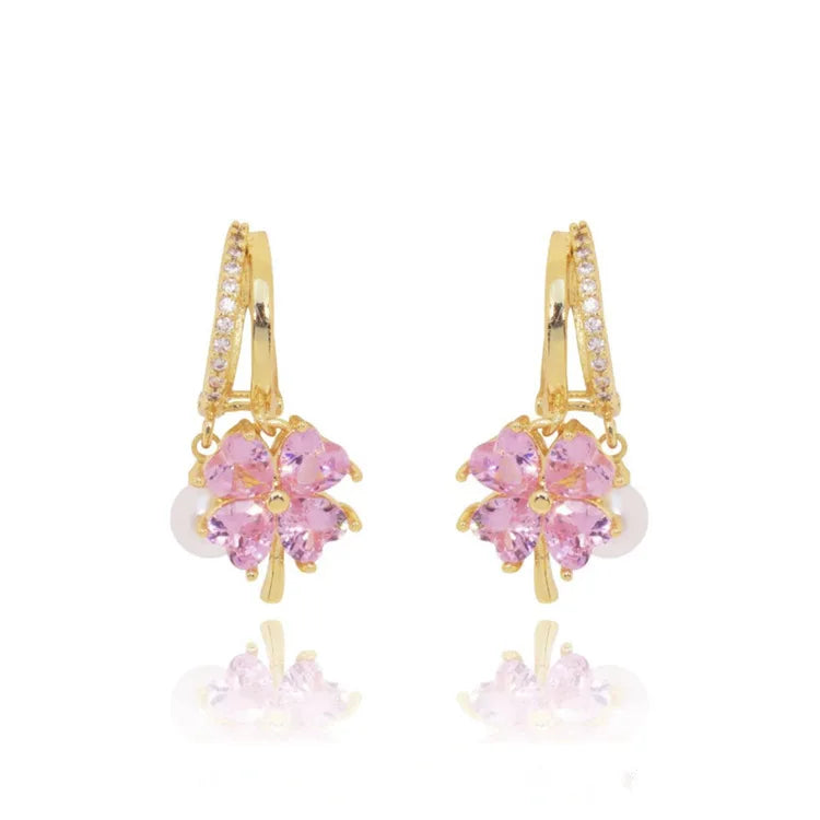 Germanium Earrings Lymphatic Magnetotherapy for Weight Loss Purple Crystal Four-Leaf Flower Pearl New Light Luxury Ear Accessor