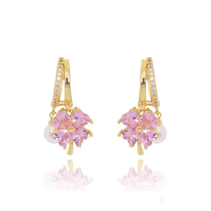 Germanium Earrings Lymphatic Magnetotherapy for Weight Loss Purple Crystal Four-Leaf Flower Pearl New Light Luxury Ear Accessor