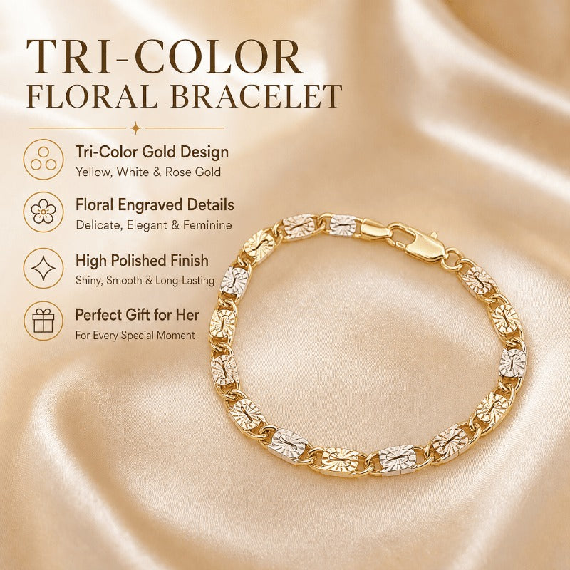 Tri-Color Engraved Link Bracelet