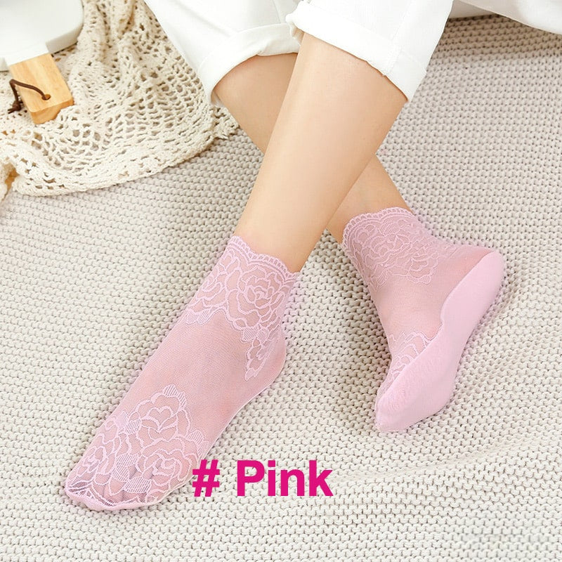 Floral Trim Boat Lace Socks