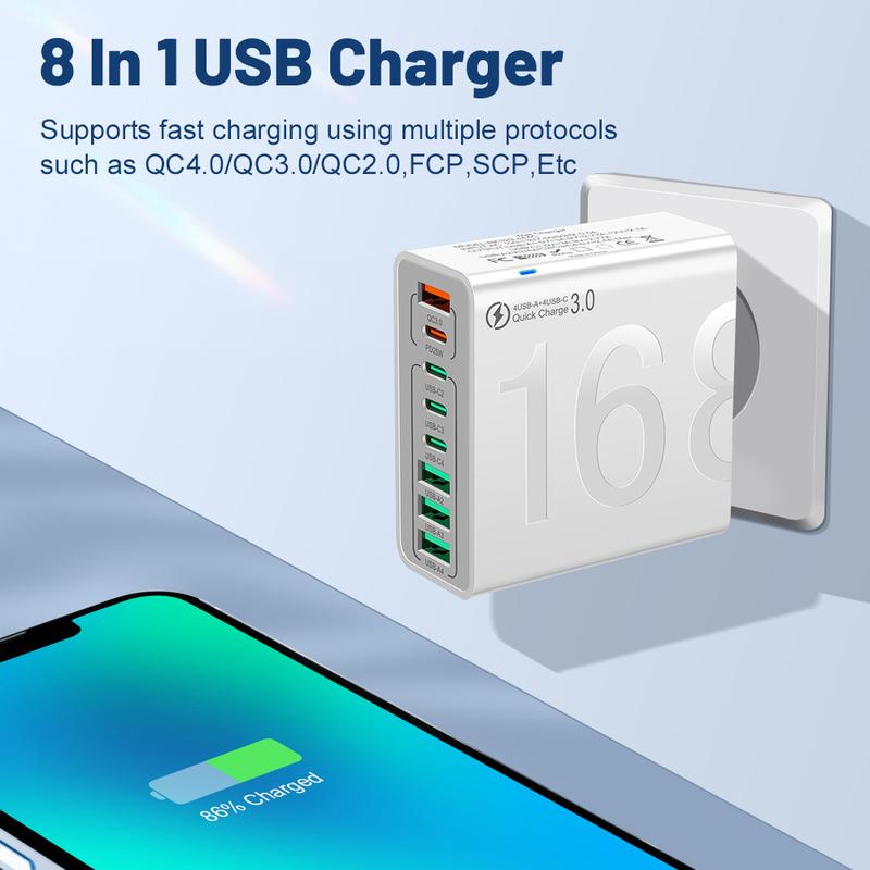 168W GaN USB Fast Charger 8-Port Power Hub for USB-C&A